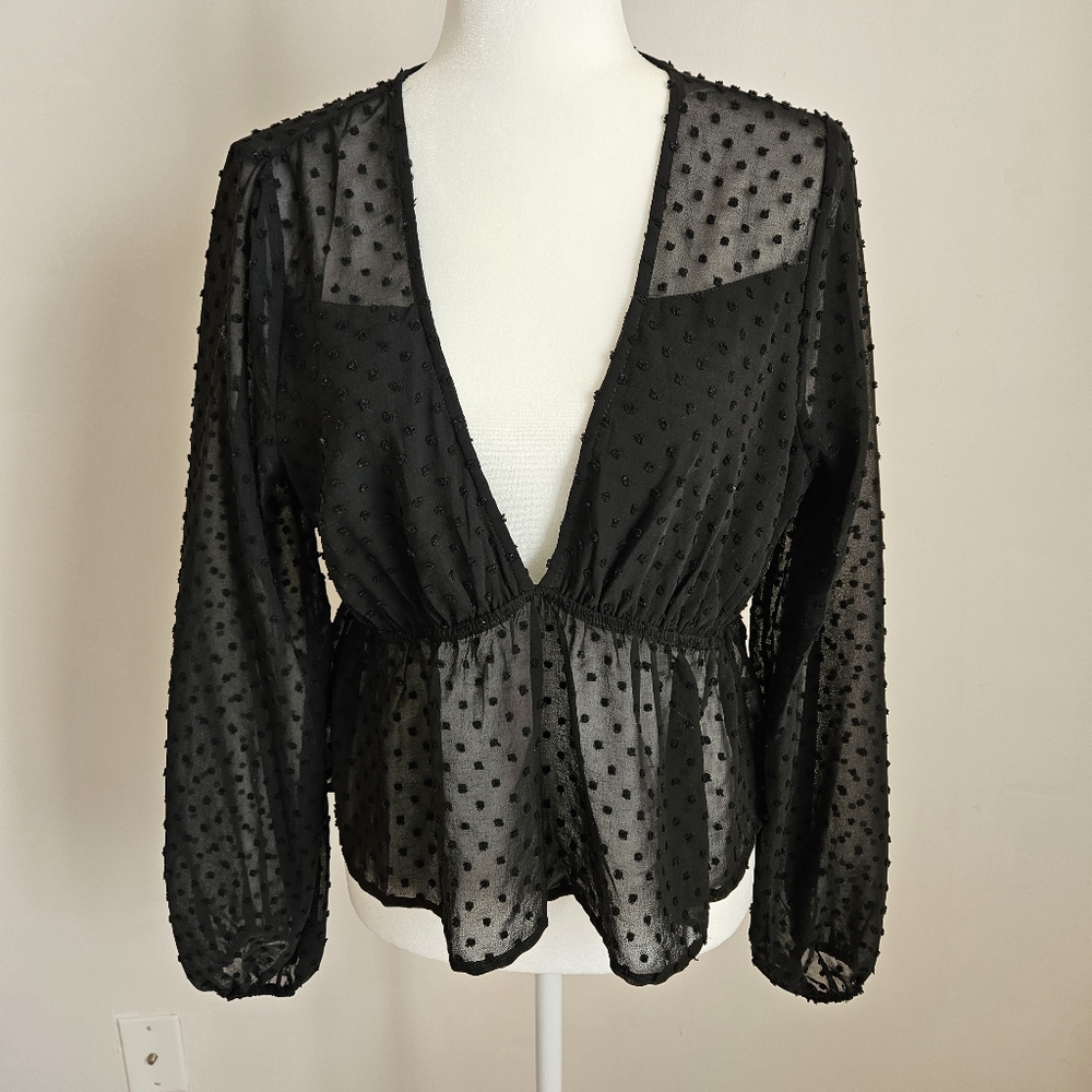 Lulus Black Sheer Babydoll Top Balloon Sleeve Fairy Swiss Dot Y2K Coquette LG
